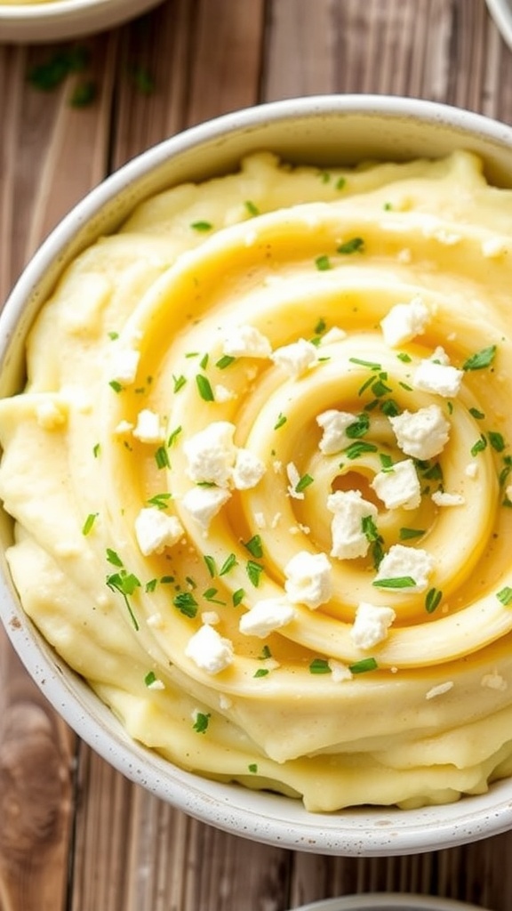 Creamy feta mashed potatoes in a bowl, garnished with herbs and feta cheese.